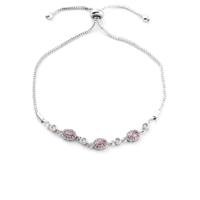 Gümüş Renkli Pembe Taşlı Oval Asansör Model Bileklik