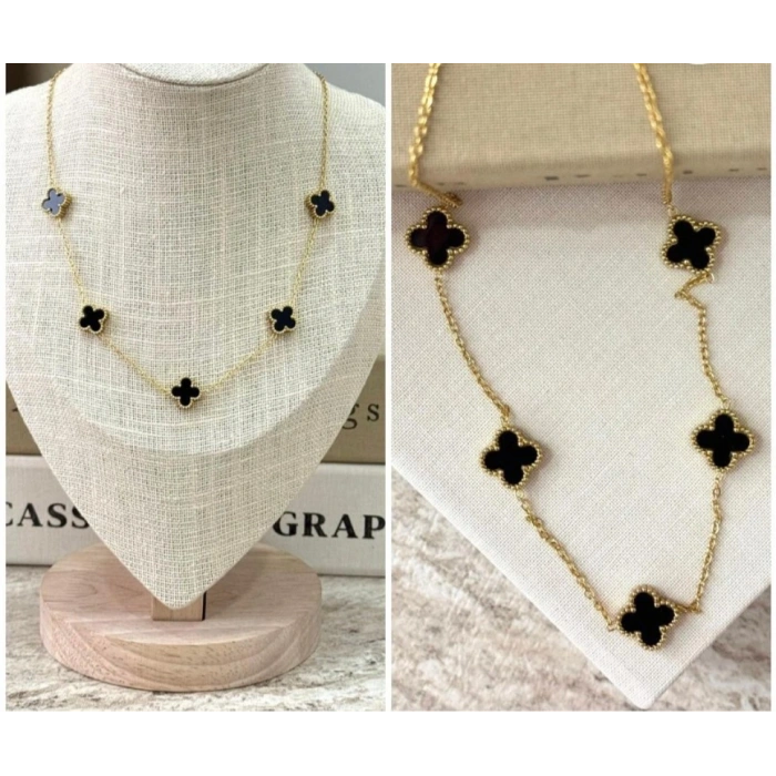 Gold Renkli Siyah Yonca Figürlü Çelik Kolye