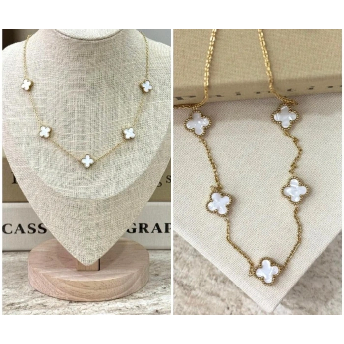 Gold Renkli Beyaz Yonca Figürlü Çelik Kolye