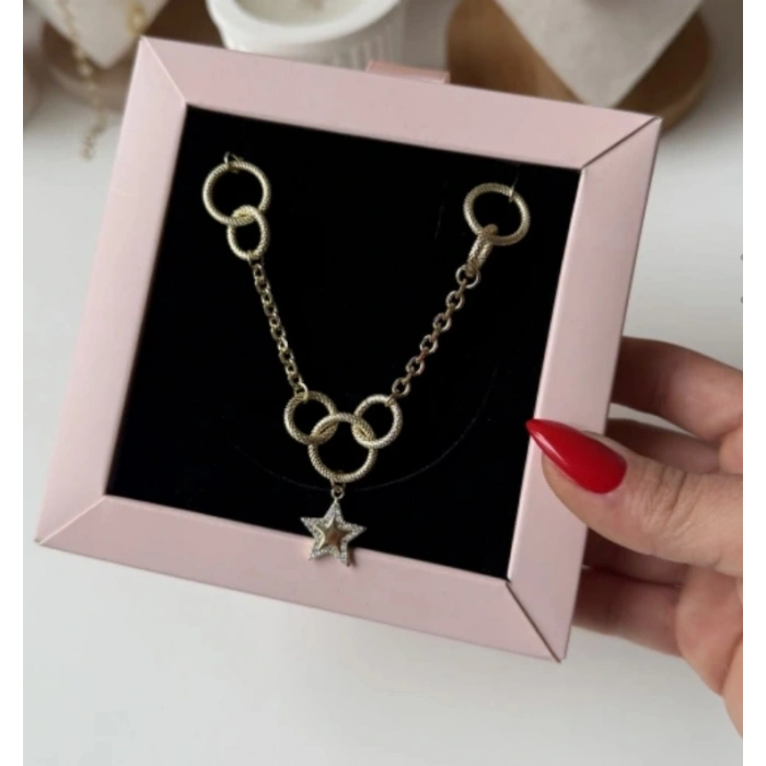 Gold Renkli Yıldız Model Halka Detaylı 14K Kaplamalı Kolye