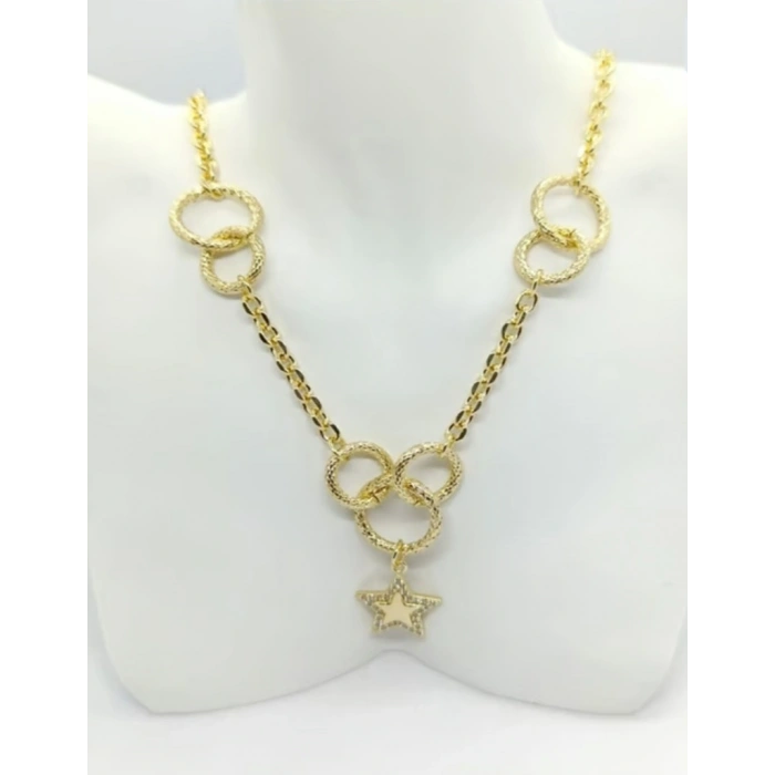 Gold Renkli Yıldız Model Halka Detaylı 14K Kaplamalı Kolye