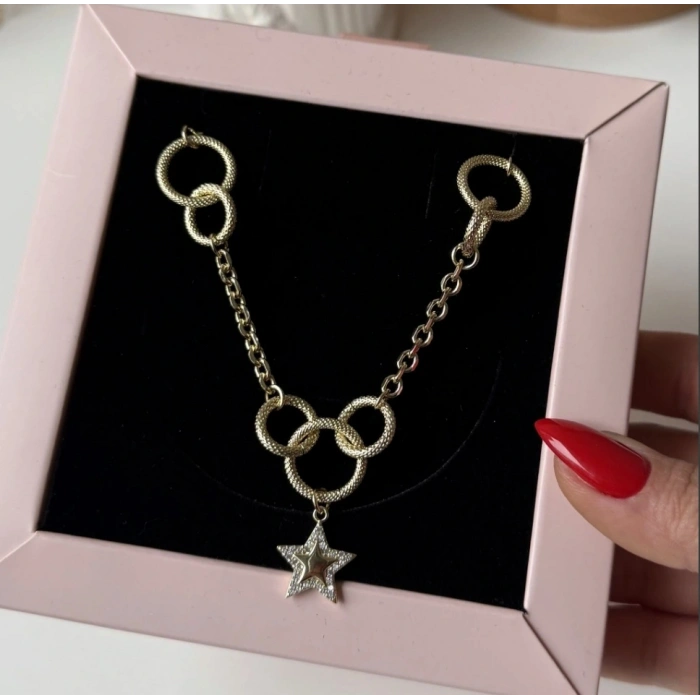 Gold Renkli Yıldız Model Halka Detaylı 14K Kaplamalı Kolye