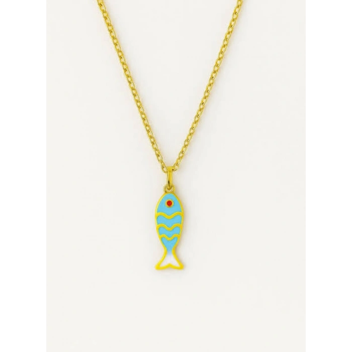 Gold Renkli Çelik Mavi Balık Kolye