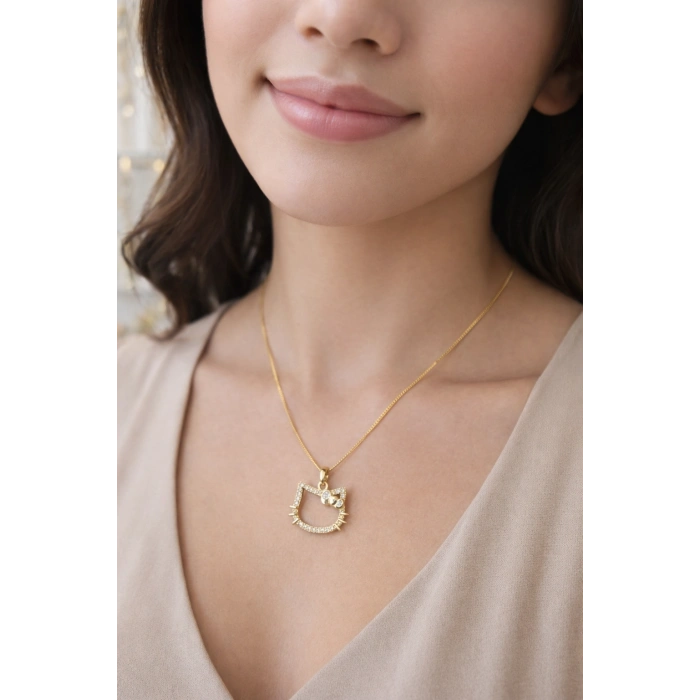 Gold Renkli Hello Kedili Çelik Kolye