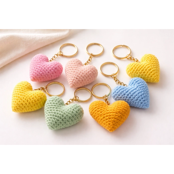 El Yapımı Örgü Kalp Amigurimi Anahtarlık