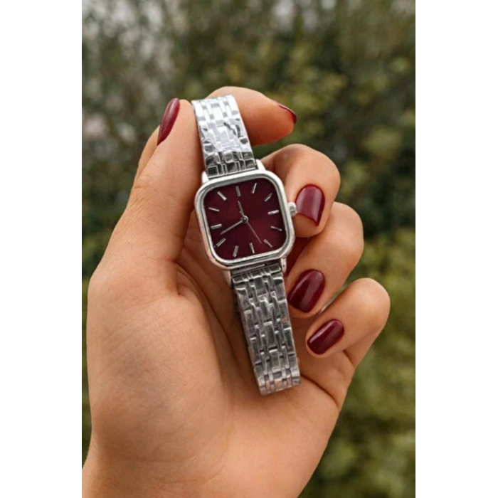 Gümüş Renkli Klasik Lüks Kadın Saat - Bordo kadran