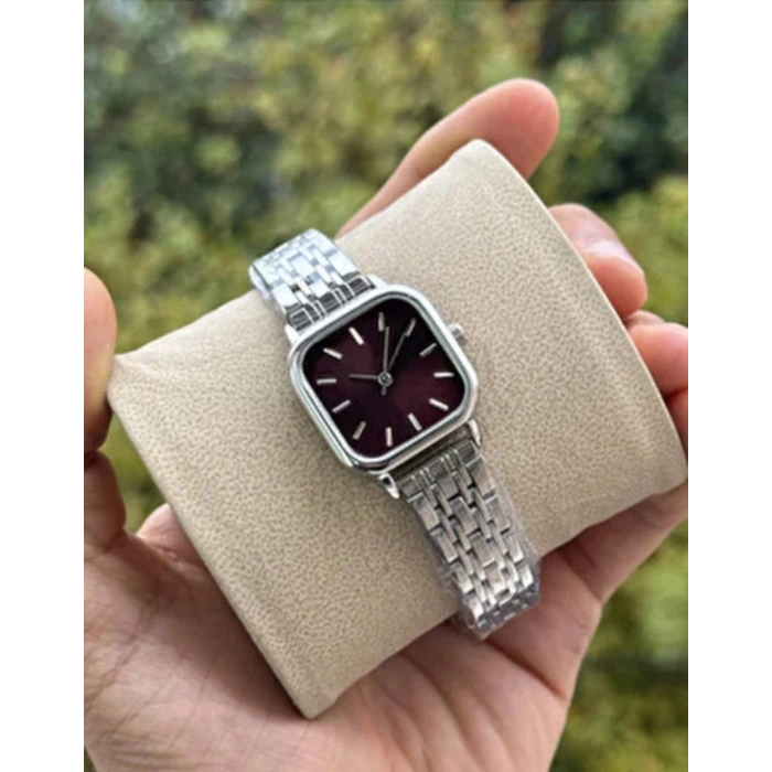 Gümüş Renkli Klasik Lüks Kadın Saat - Bordo kadran