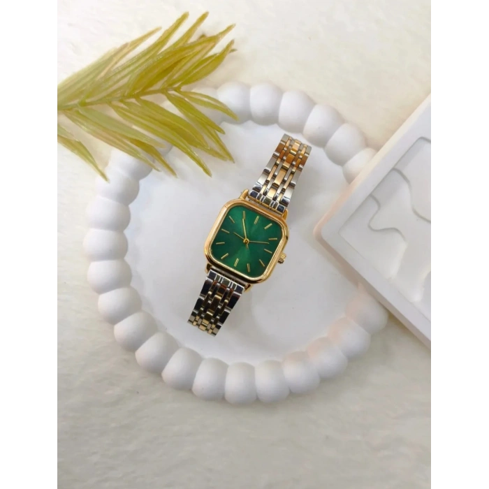 Çift Renkli Gold & Silver Kadın Saat – Yeşil Kadranlı