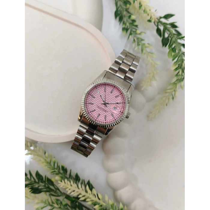 Gümüş Renkli Lüks Kadın Kol Saati - Pembe Kadranlı
