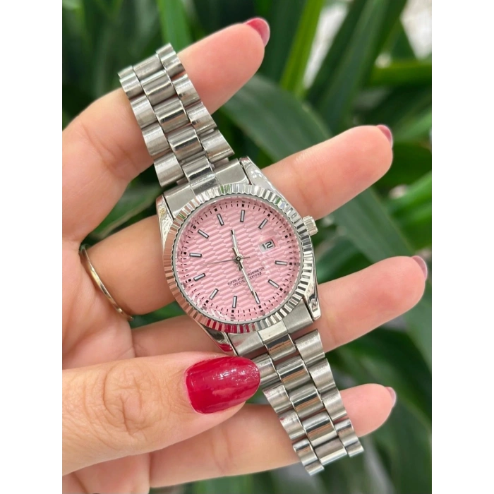 Gümüş Renkli Lüks Kadın Kol Saati - Pembe Kadranlı