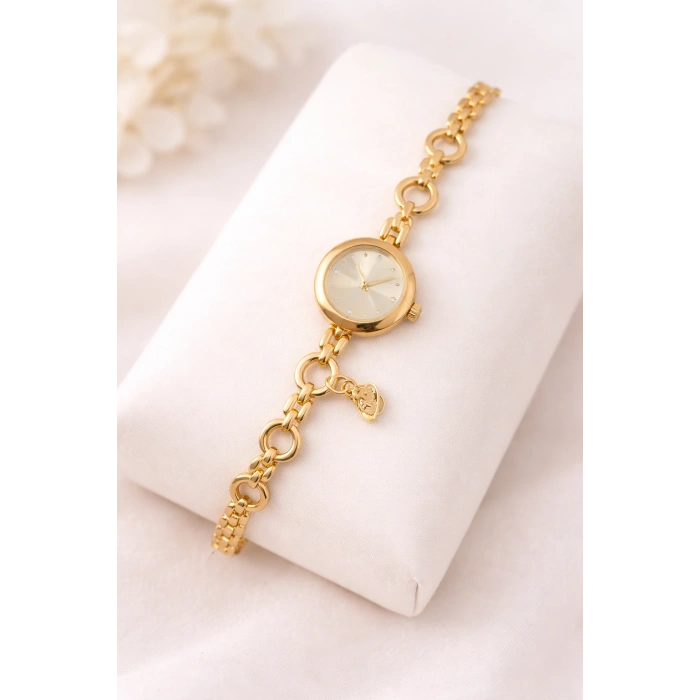 Gold Renk Sarı Kadran Charm Detaylı Lüks Kadın Saat