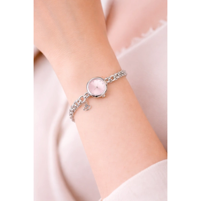 Gümüş Renk Pembe Kadran Charm Detaylı Lüks Kadın Saat