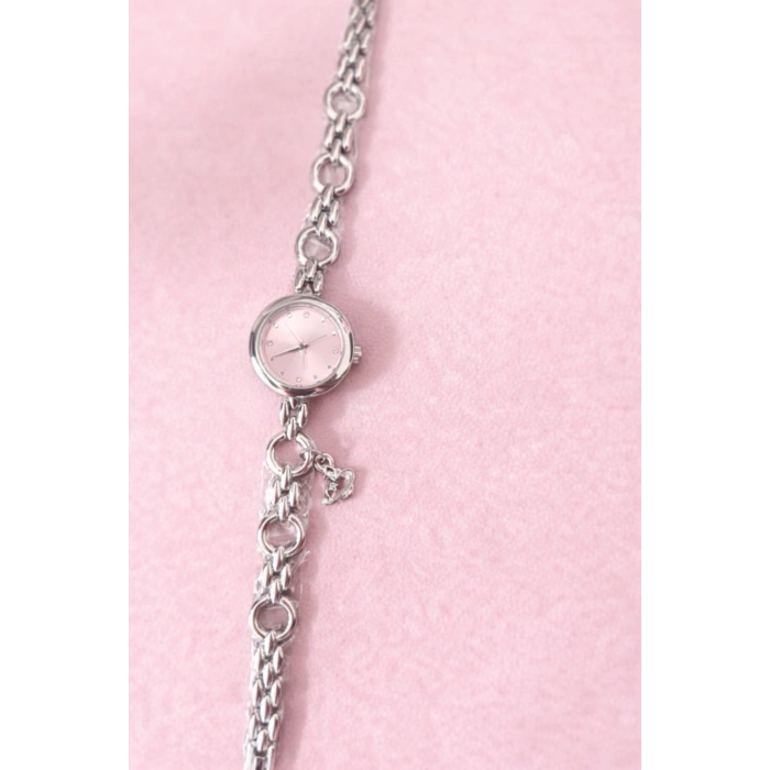 Gümüş Renk Pembe Kadran Charm Detaylı Lüks Kadın Saat