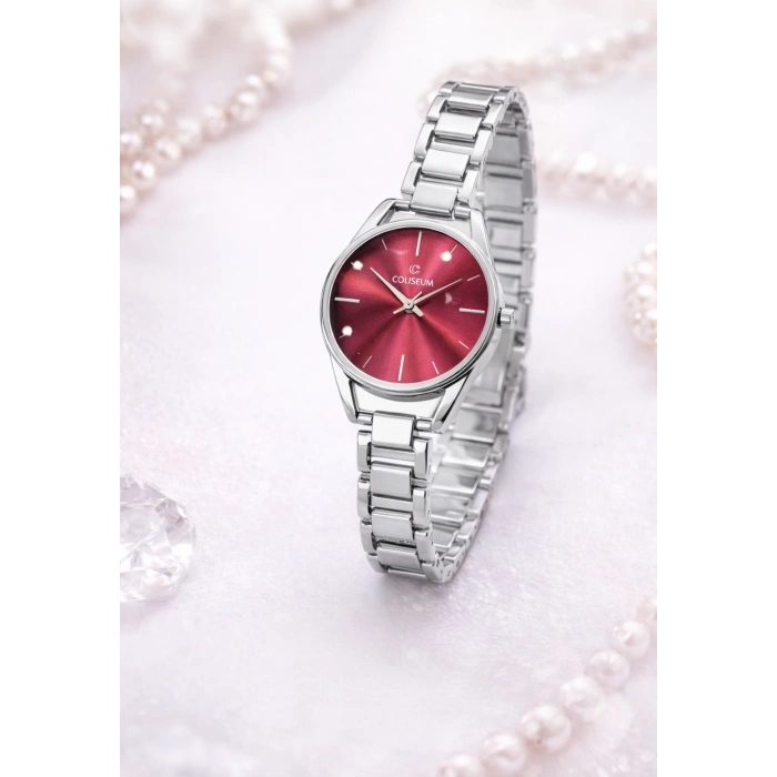 Kırmızı Kadranlı Gümüş Renk Kadın Kol Saati