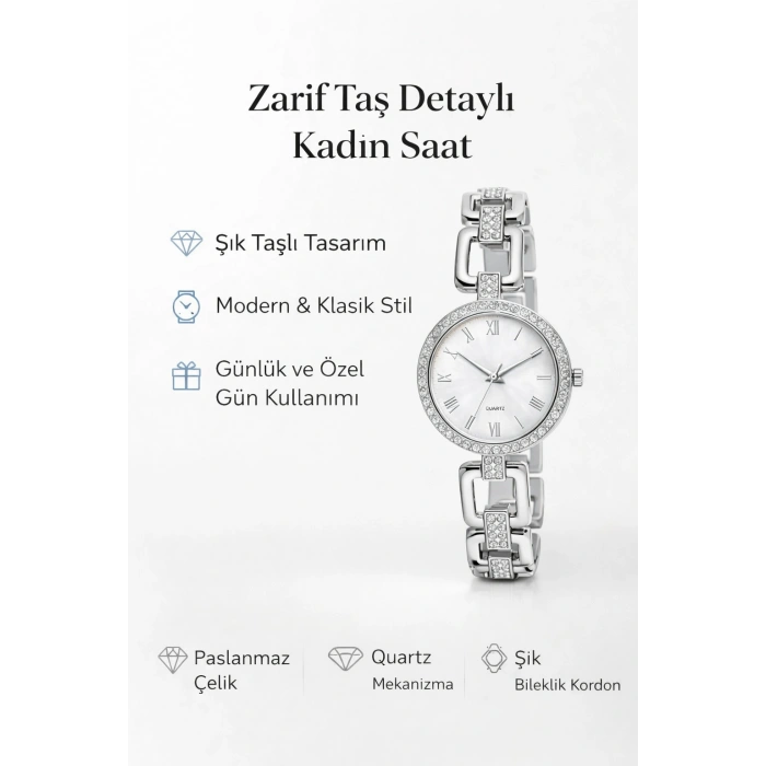 Gümüş Renkli Taşlı Şık Kadın Saat