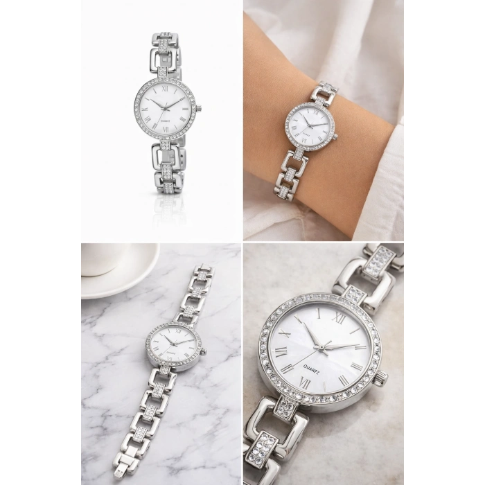 Gümüş Renkli Taşlı Şık Kadın Saat