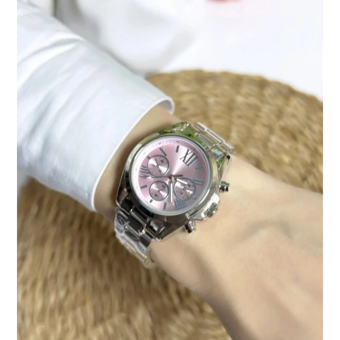 Gümüş Renkli Pembe Kadran Lüks Kadın Saat