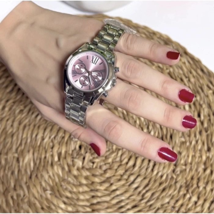 Gümüş Renkli Pembe Kadran Lüks Kadın Saat