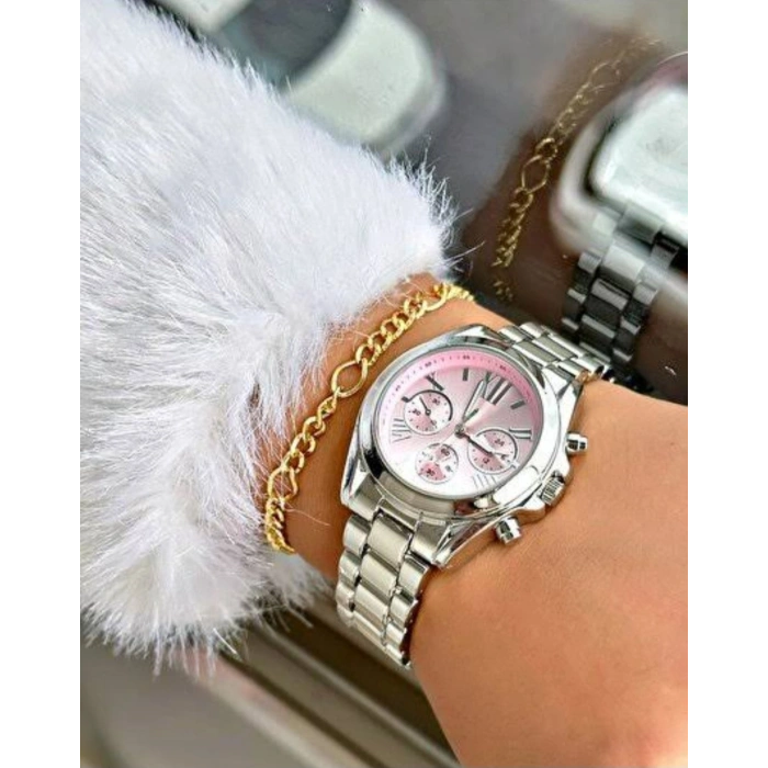 Gümüş Renkli Pembe Kadran Lüks Kadın Saat