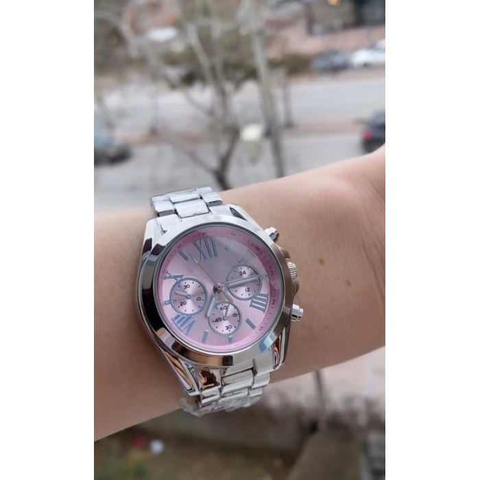 Gümüş Renkli Pembe Kadran Lüks Kadın Saat