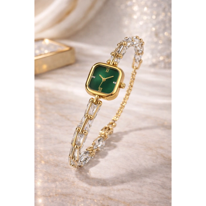 Gold Renkli Tiff Model Yeşil Kadran Taşlı Lüks Kadın Saat