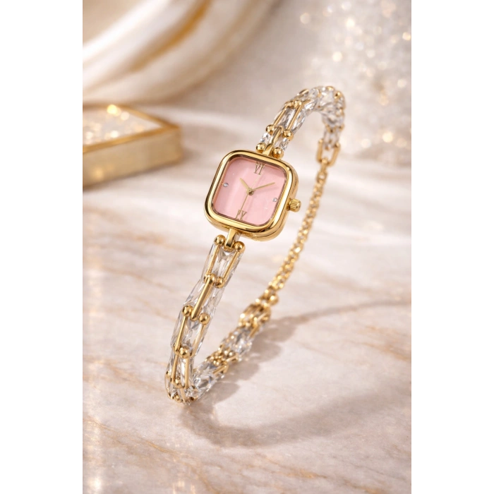 Gold Renkli Tiff Model Pudra Pembe Kadran Taşlı Lüks Kadın Saat