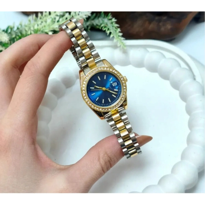Çift Renkli Mavi Kadran Taşlı Lüks Kadın Saat