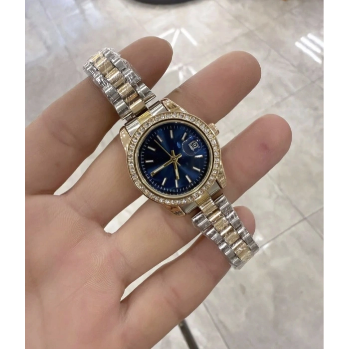 Çift Renkli Mavi Kadran Taşlı Lüks Kadın Saat