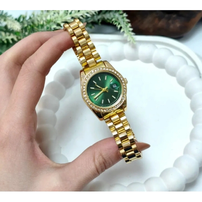 Gold Renkli Yeşil Kadran Taşlı Lüks Kadın Saat