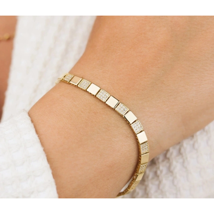 14K Altın Kaplama Kuyumcu Model Taşlı Künye Bileklik