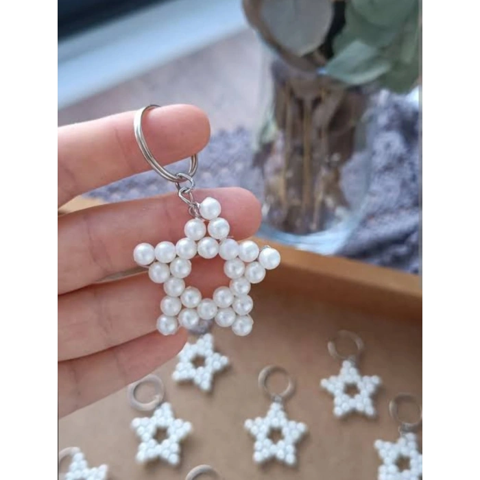 İncili Yıldız Anahtarlık – 12’li Paket | Düğün & Nişan Hediyeliği Gümüş