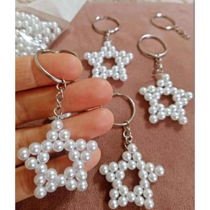 İncili Yıldız Anahtarlık – 12’li Paket | Düğün & Nişan Hediyeliği Gümüş