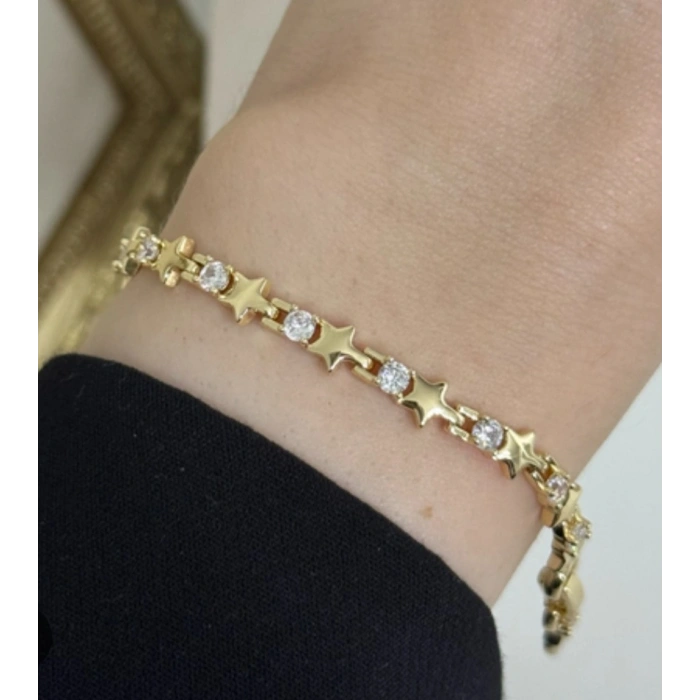 Gold Renkli 14K Yıldız Model Taşlı Bileklik