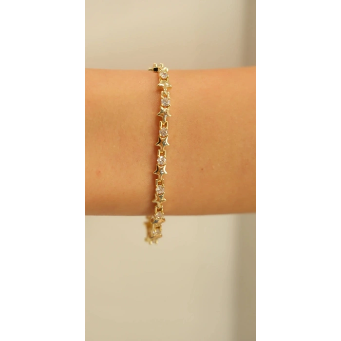 Gold Renkli 14K Yıldız Model Taşlı Bileklik