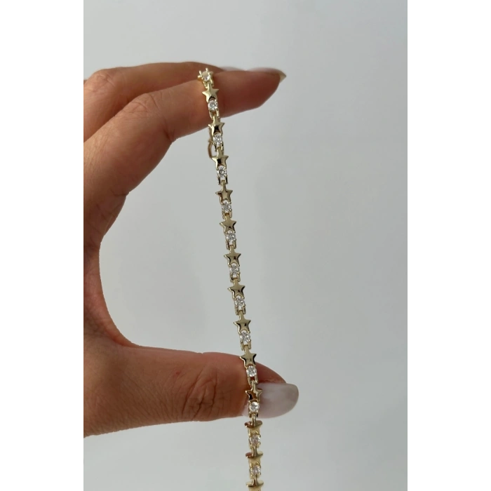Gold Renkli 14K Yıldız Model Taşlı Bileklik