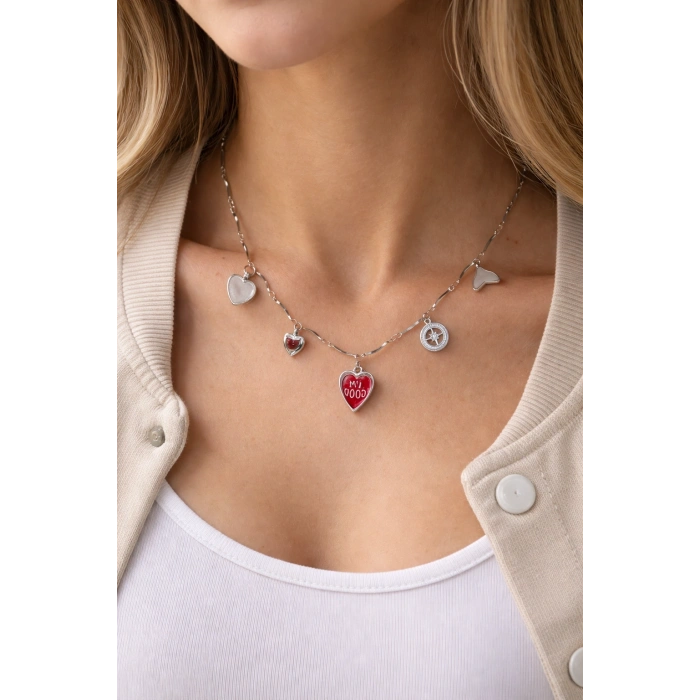 Gümüş Renkli Charmlı Çelik Kalp Kolye