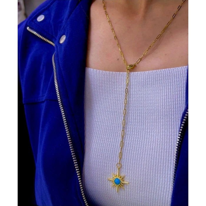 Gold Renkli Çelik Y Kolye – Turkuaz Taş Detay