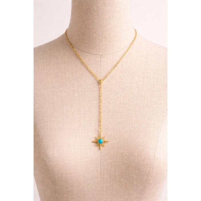 Gold Renkli Çelik Y Kolye – Turkuaz Taş Detay