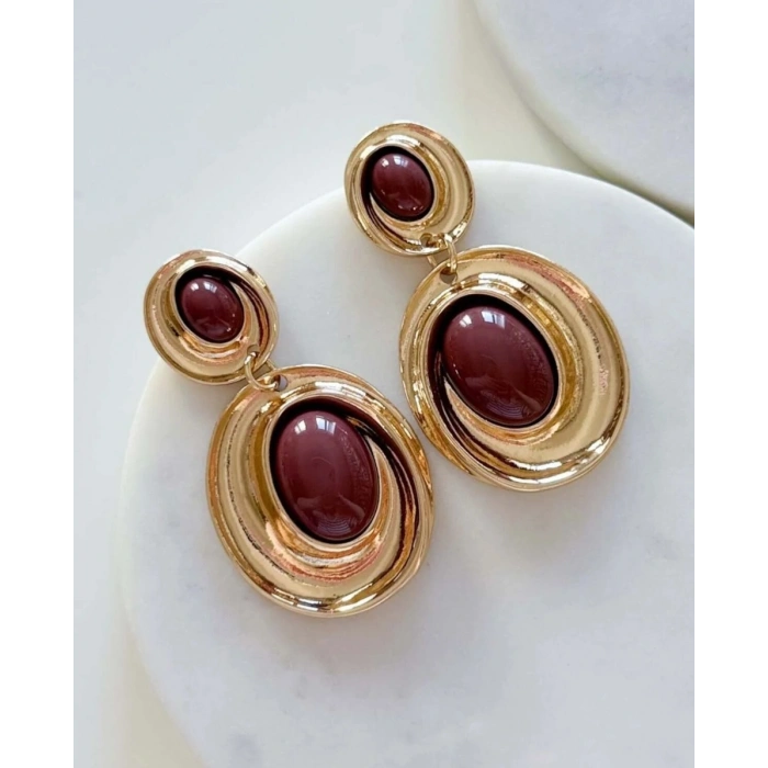 Vintage Esintili Kırmızı Taşlı Gold Küpe