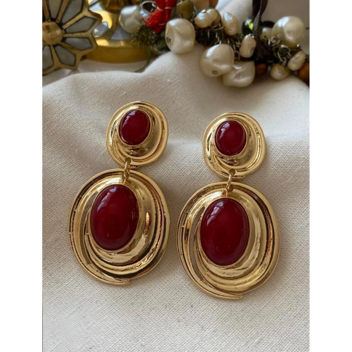 Vintage Esintili Kırmızı Taşlı Gold Küpe