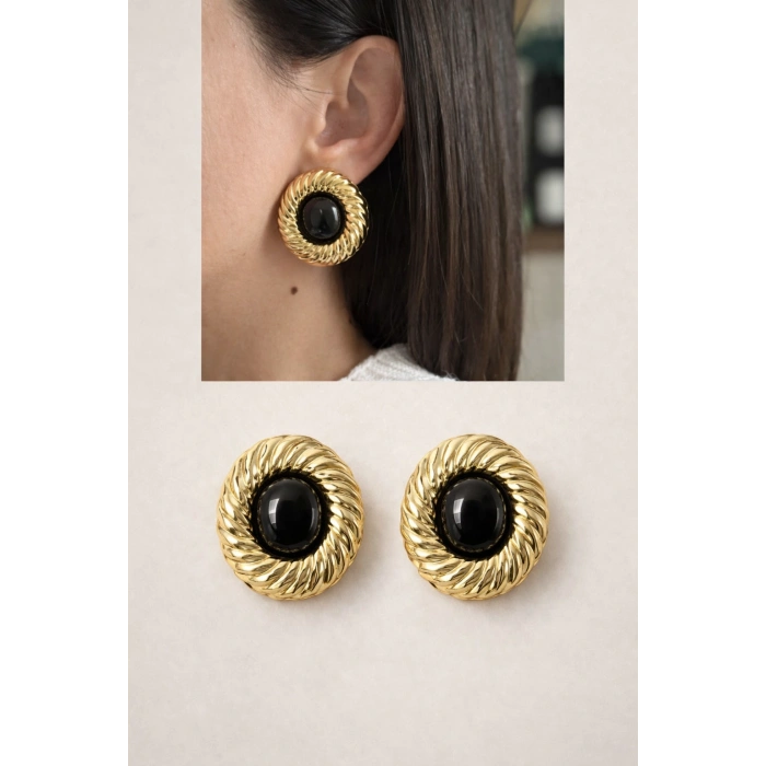 Vintage Siyah Taş Detaylı Gold Küpe