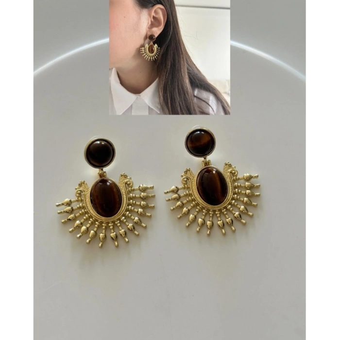 Vintage Esintili Gold Taşlı Küpe