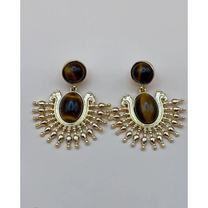 Vintage Esintili Gold Taşlı Küpe