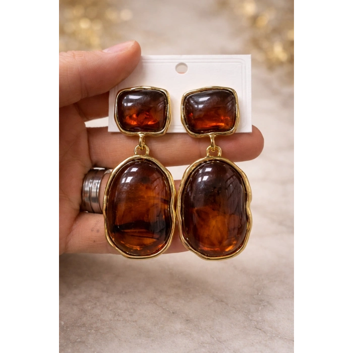 Gold Renkli Vintage Taşlı Sallantı Küpe