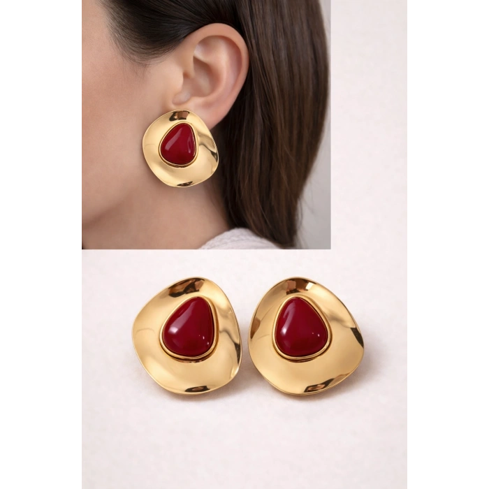 Vintage Kırmızı Taş Detaylı Gold Küpe