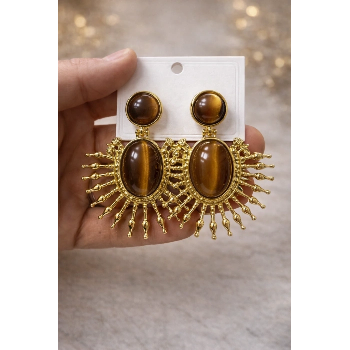 Vintage Esintili Gold Taşlı Küpe