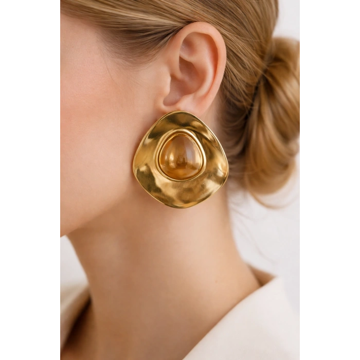 Gold Kahve Taş Detaylı Vintage Küpe