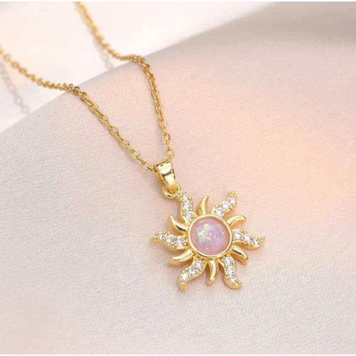 Gold Pembe Taşlı Çelik Güneş Kolye