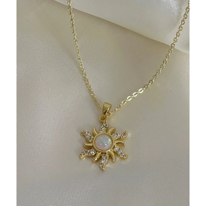Gold Pembe Taşlı Çelik Güneş Kolye