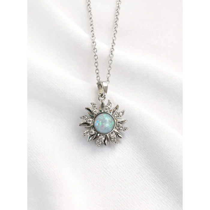 Gümüş Işıltılı Opal Taşlı Güneş Kolye